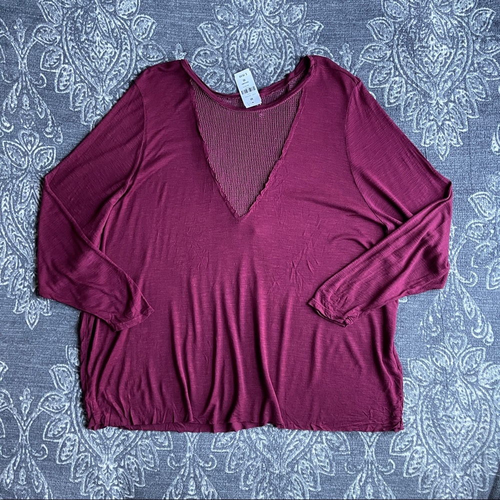 LF Emma & Sam Mesh V Neck Long Sleeve Top Burgundy